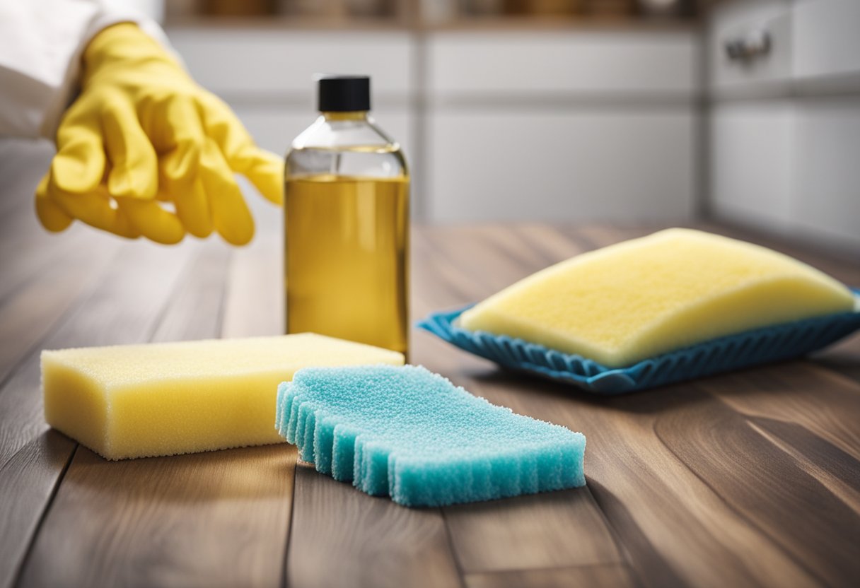 A bottle of cleaning solution sits next to a sponge on a laminate floor with water stains. A hand reaches for the sponge, ready to remove the stains