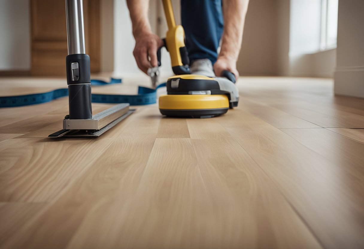 Laminate flooring being laid in a hallway with underlayment installed, tools and materials scattered around, measuring tape and cutting tool in use