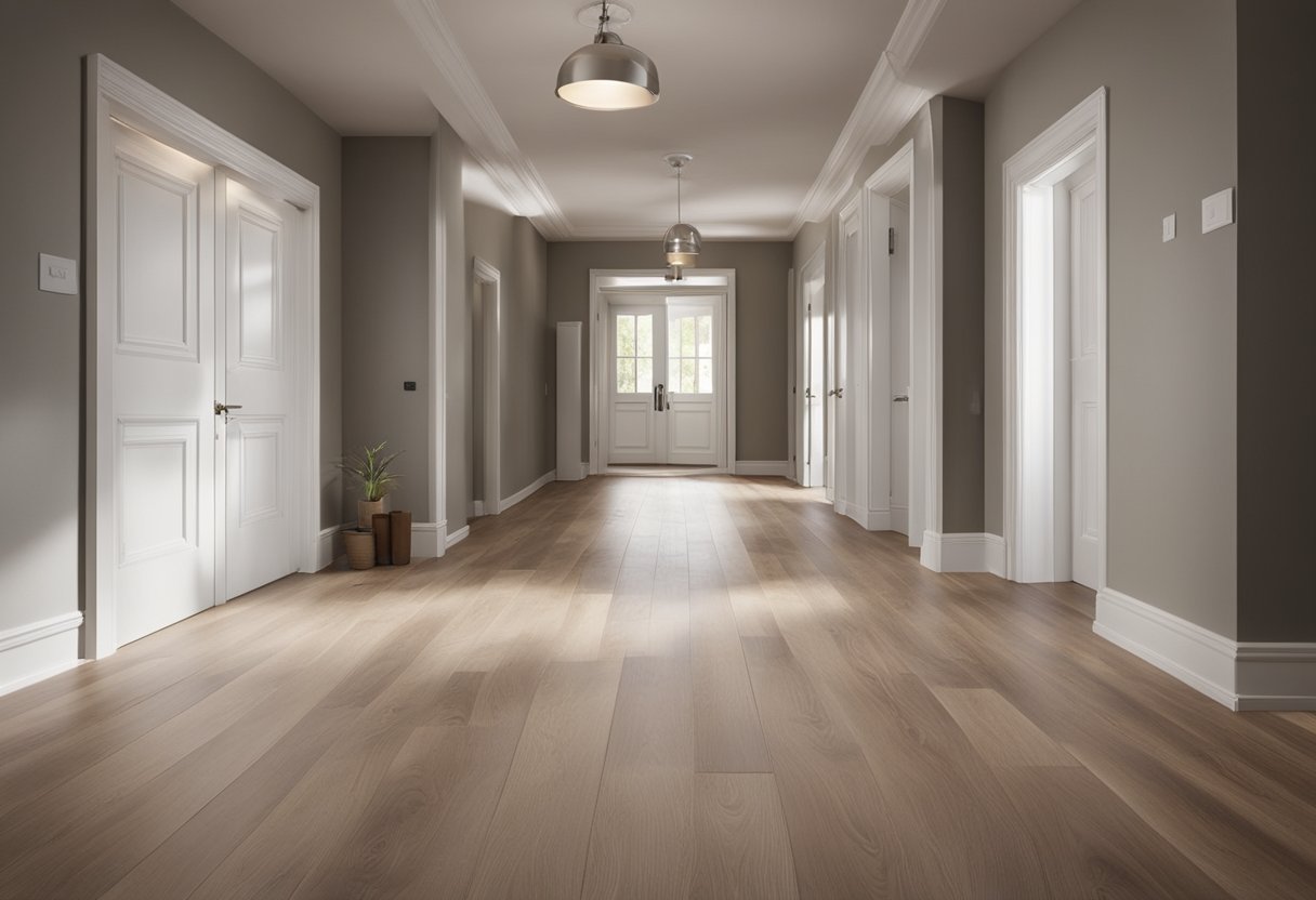 A person lays laminate flooring in a hallway, maneuvering around obstacles like doorways and corners. The planks click together, creating a smooth, seamless surface