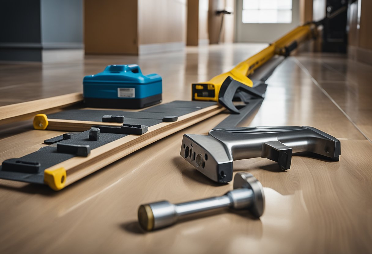 Tools and materials laid out in a hallway. Flooring panels being clicked into place, underlayment and spacers visible. Tapping block and hammer nearby