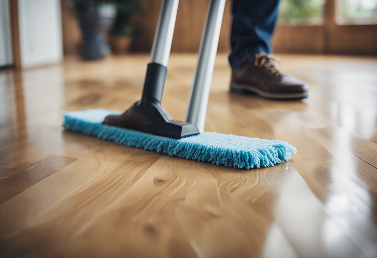 A person applies wax to a laminate floor with a mop