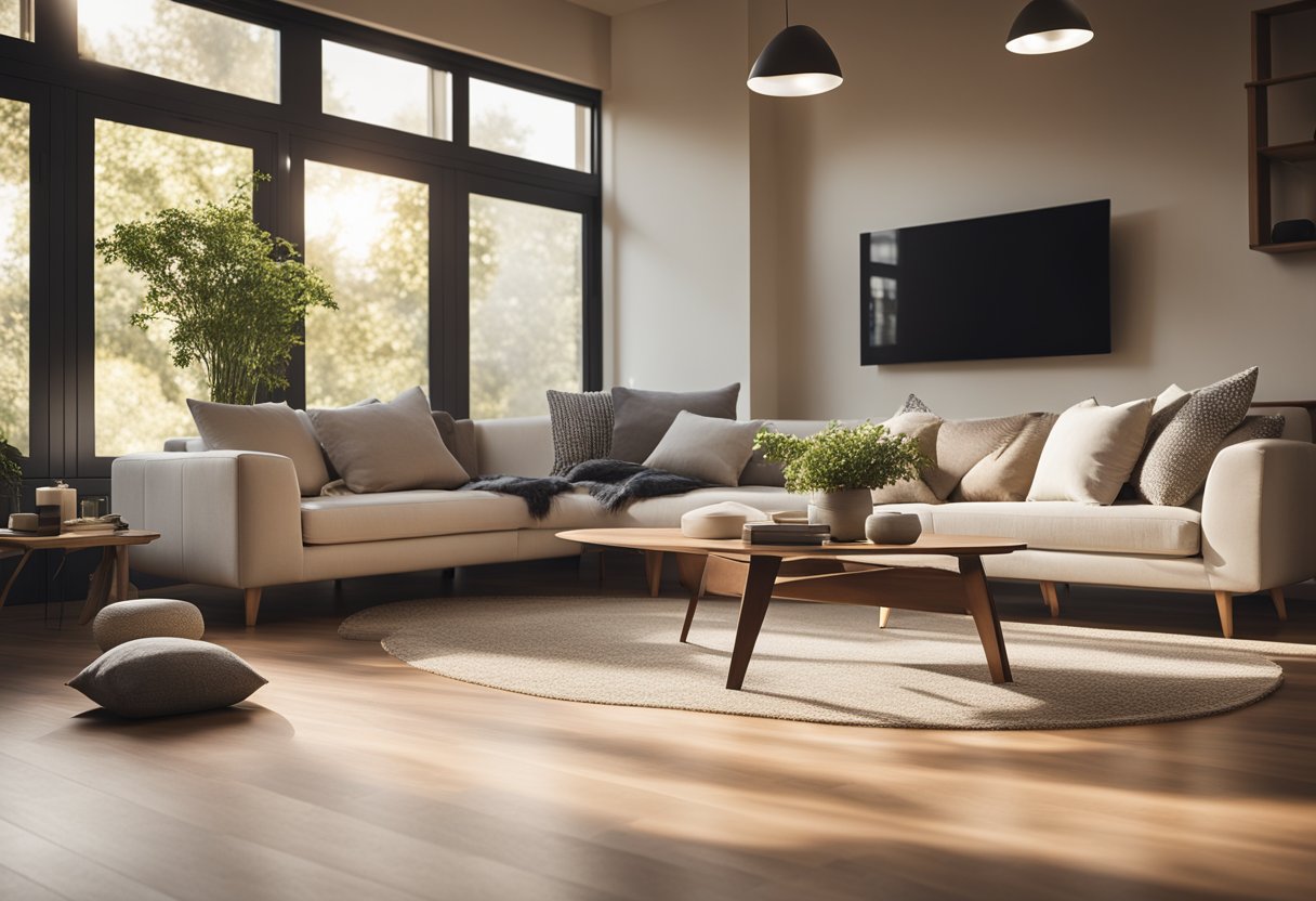A spacious living room with laminate flooring, sunlight streaming in through the windows, and a waxing kit sitting in the corner