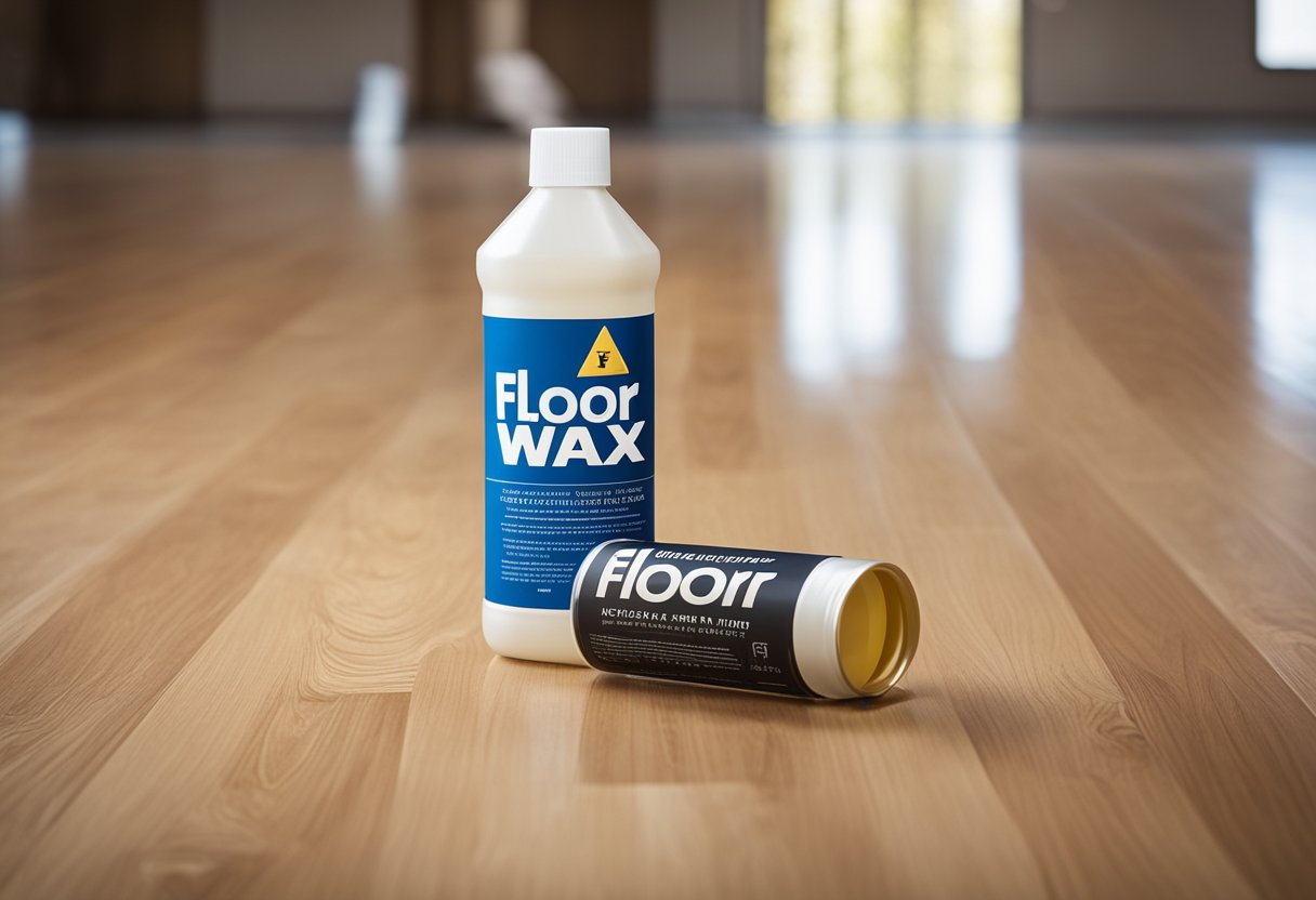 A bottle of floor wax sits next to a laminate floor. A debate sign hangs above, with two arrows pointing in opposite directions