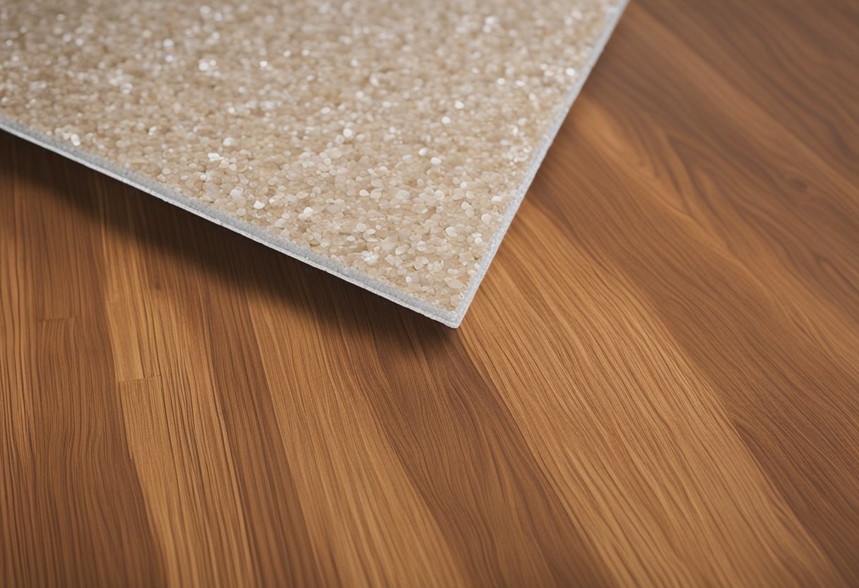 A laminate floor with layers of fiberboard, melamine resin, and a clear top coat. Waxing is not recommended