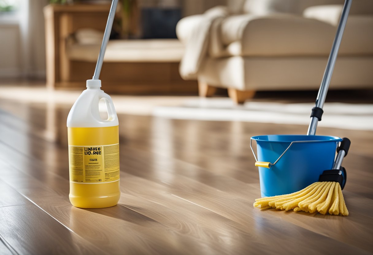 A bottle of laminate floor wax sits next to a mop and bucket. A laminate floor shines with a glossy finish