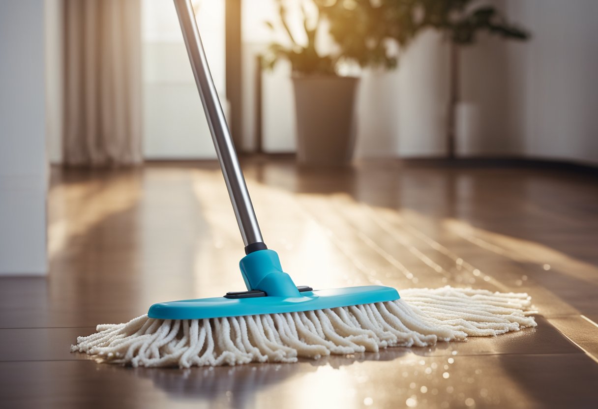 A mop glides over waterproof laminate floors, removing dirt and grime. A bucket of soapy water sits nearby, while the floors glisten in the sunlight