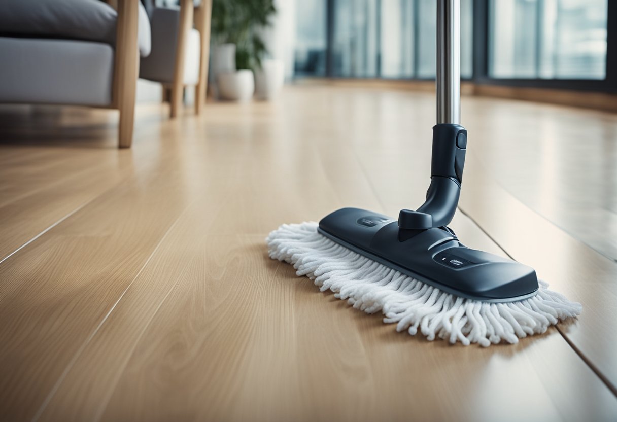 A mop glides over the waterproof laminate flooring, removing dirt and grime. A gentle cleaning solution adds a fresh scent to the room