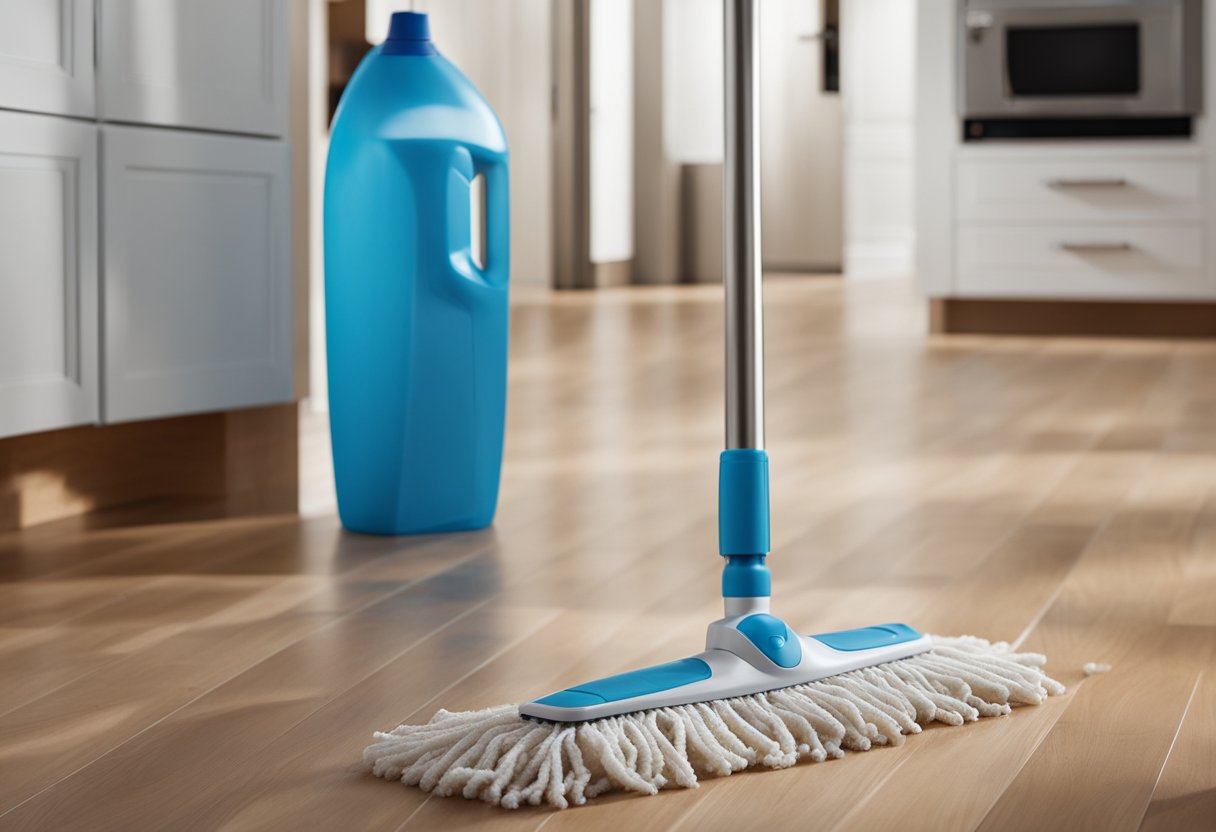 A spill on laminate floor is being treated with spot cleaner and wiped clean with a cloth