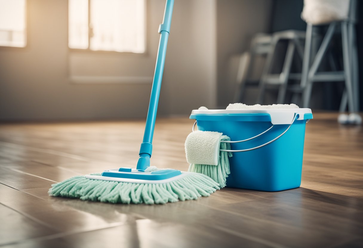 A bucket of soapy water and a mop on a waterproof laminate floor, with a scrub brush and cleaning solution nearby