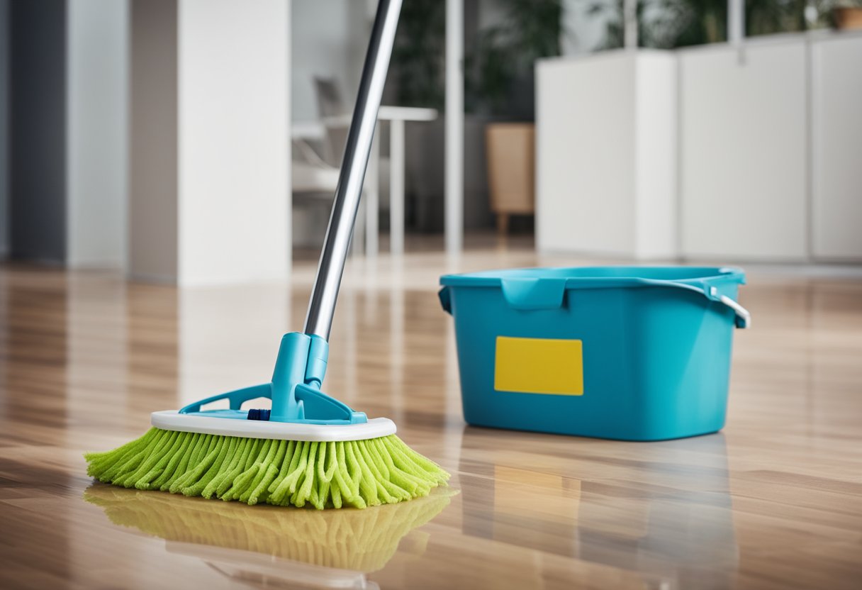 A mop and bucket sit next to a wet laminate floor. A bottle of cleaning solution and a scrub brush are nearby