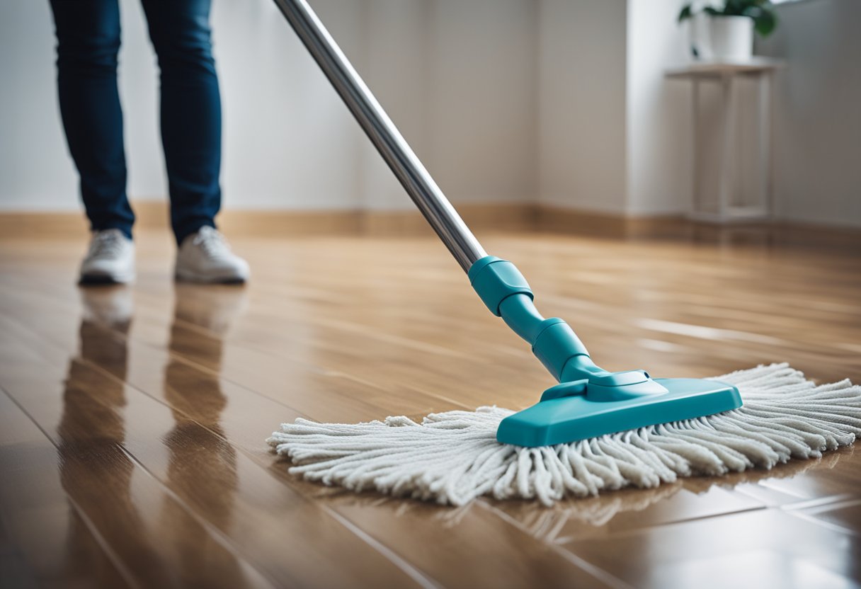 A person mopping a waterproof laminate floor with a cleaning solution and a damp mop
