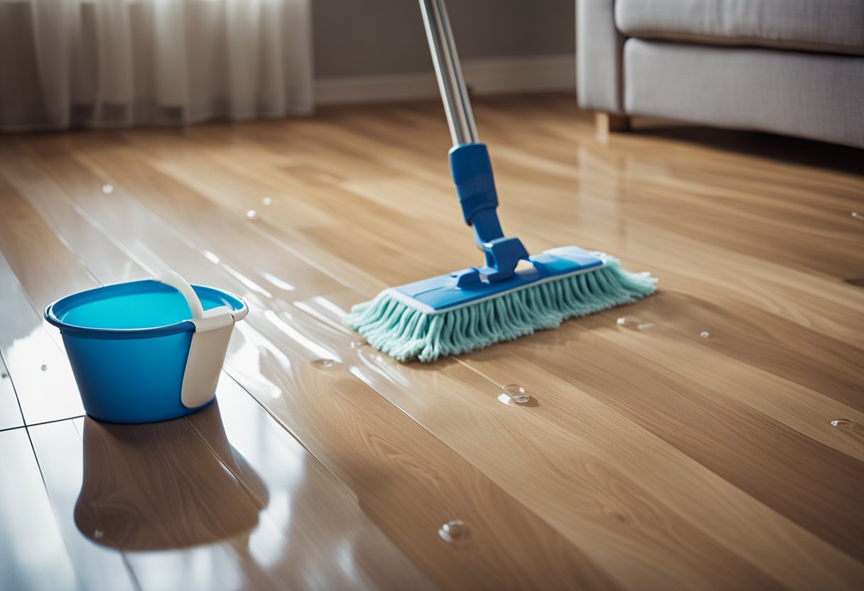 A bucket of soapy water and a mop sit next to a waterproof laminate floor. A bottle of specialized laminate floor cleaner is also visible