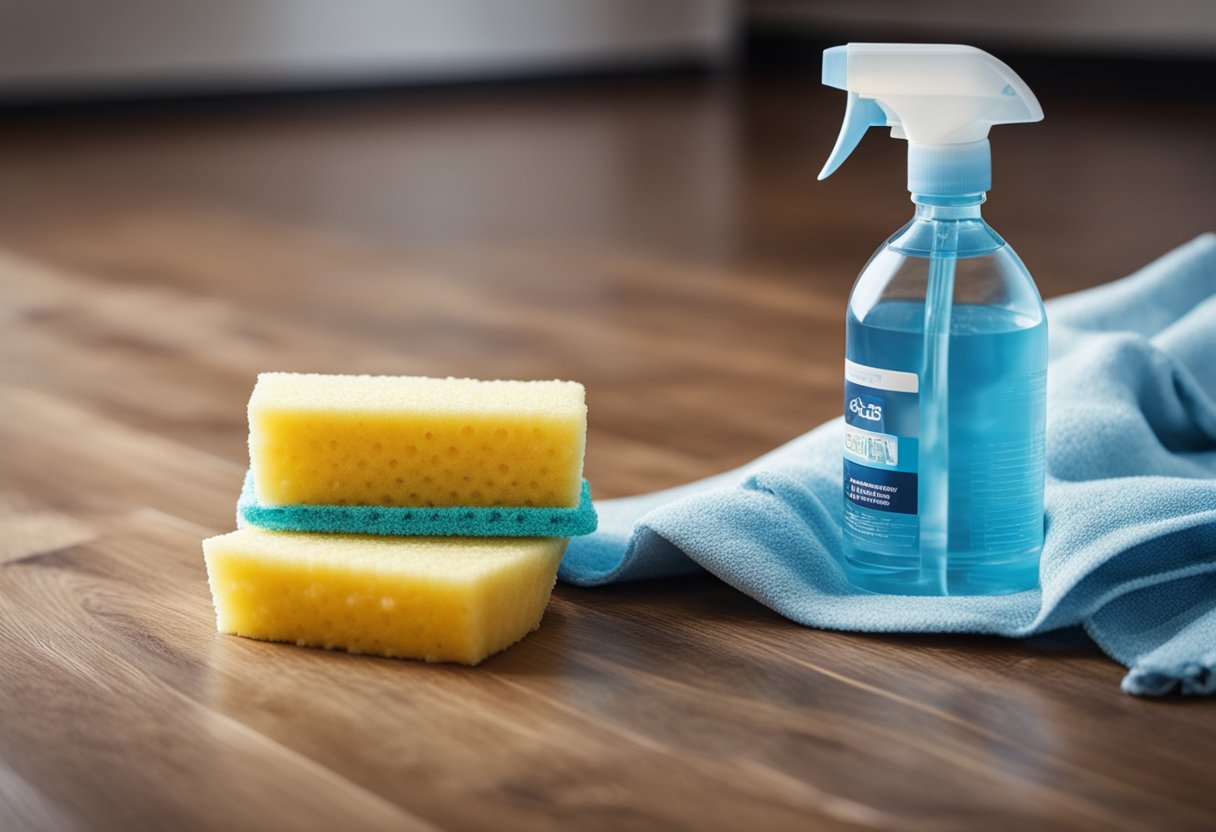 A sponge is wiping a laminate floor, removing water stains. A bottle of vinegar and a cloth are nearby