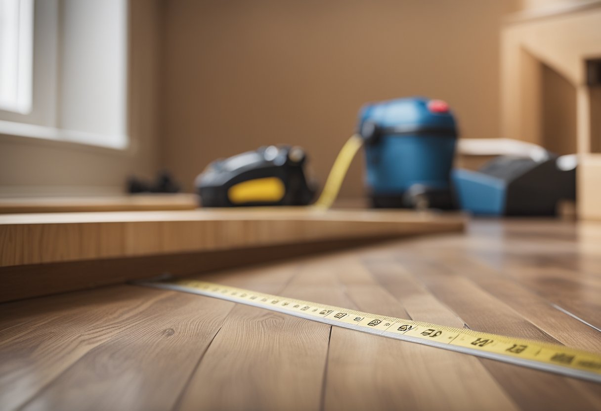 Laminate flooring being laid in a hallway, tools and materials scattered around, measuring tape and saw in use