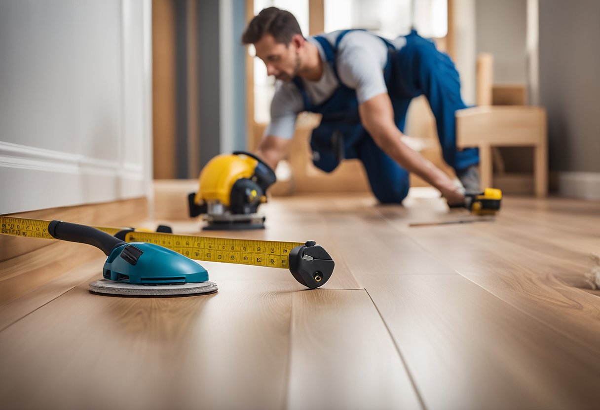 A hallway with laminate flooring being installed. Tools and materials scattered around - laminate planks, underlayment, spacers, tapping block, mallet, measuring tape, and a saw
