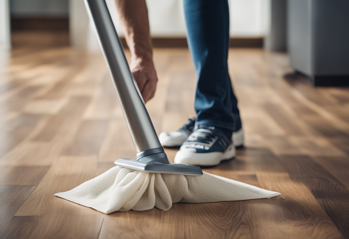 A person calls a professional for help while using a cloth to remove water stains from laminate flooring