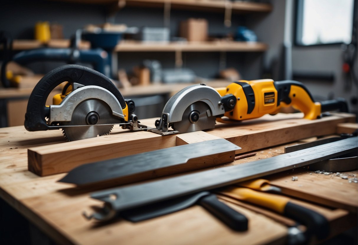 A variety of saws and blades lay on a workbench, ready to be used for cutting laminate flooring. The tools include circular saws, jigsaws, and hand saws, each with different blades suited for the task