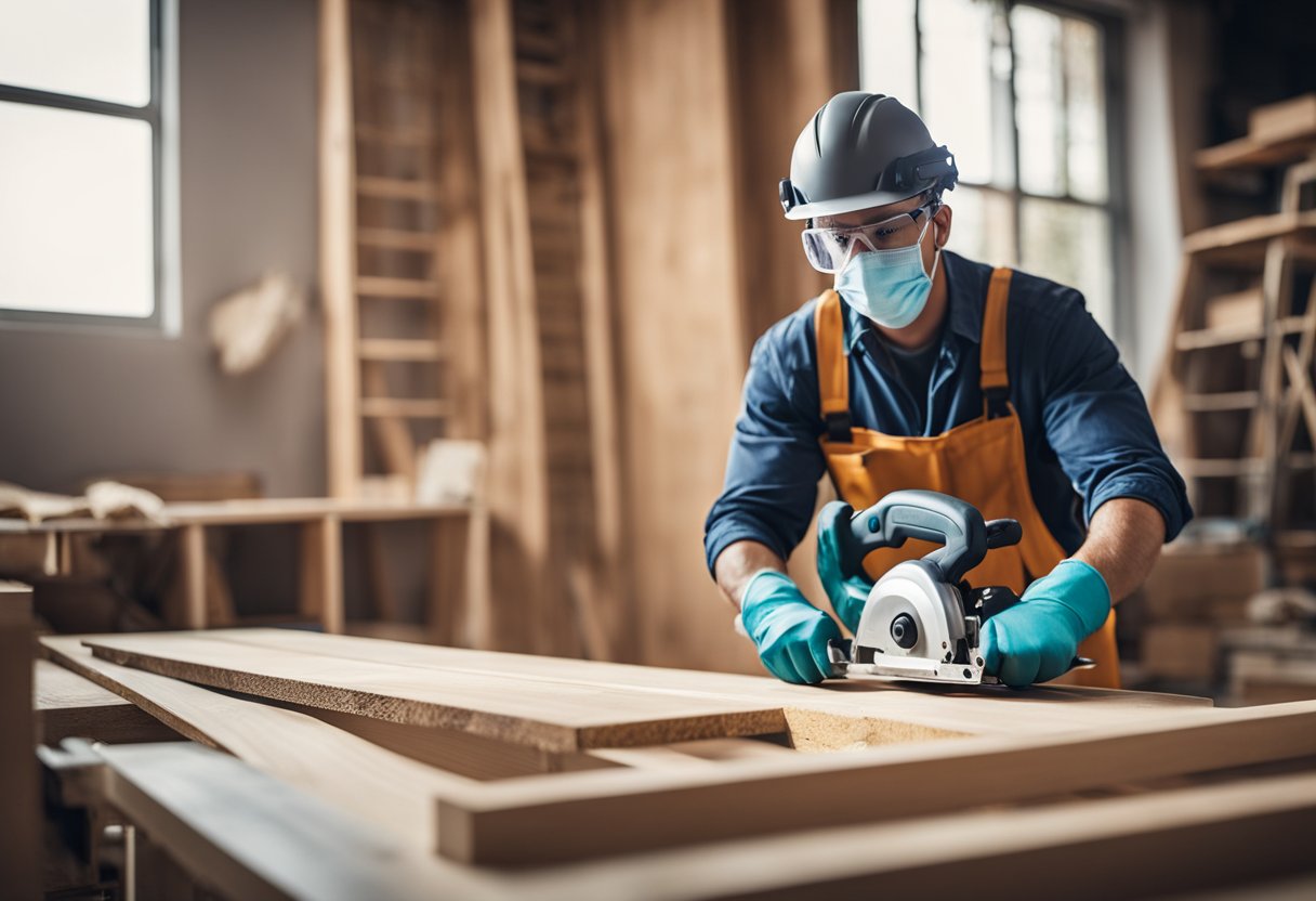 A person wearing safety goggles and gloves cuts laminate flooring with a saw, while a dust mask and ear protection are nearby