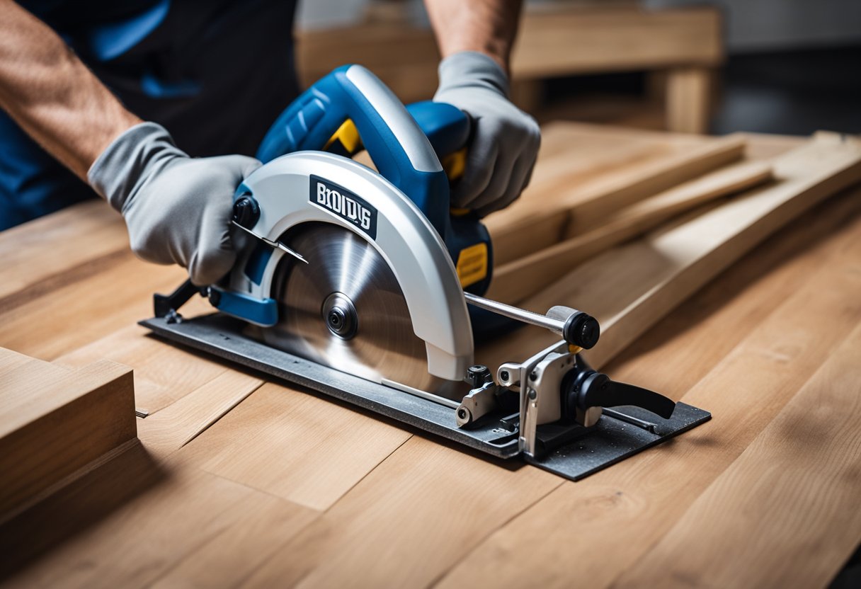 A person wearing safety goggles and gloves cuts laminate flooring with a saw on a flat surface
