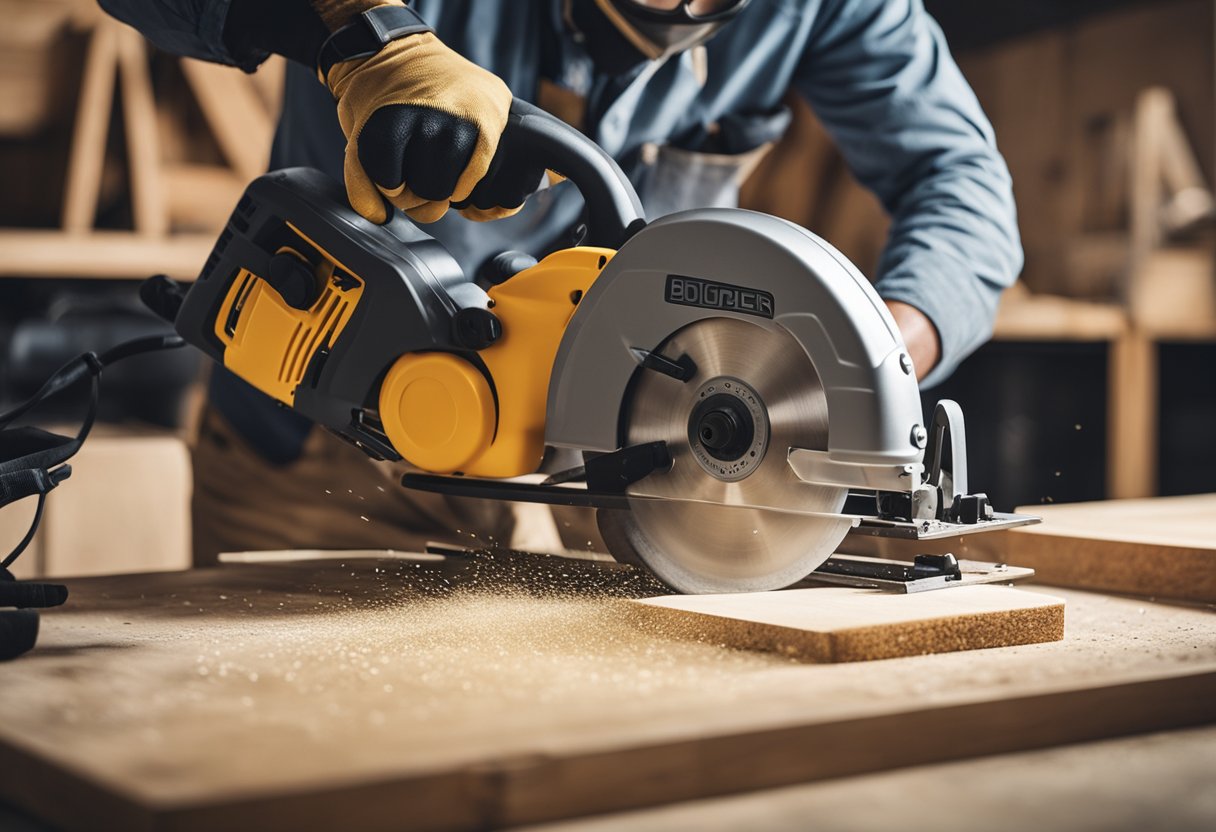 A person wearing safety goggles and gloves cuts laminate flooring with a circular saw, while a dust mask and ear protection are nearby