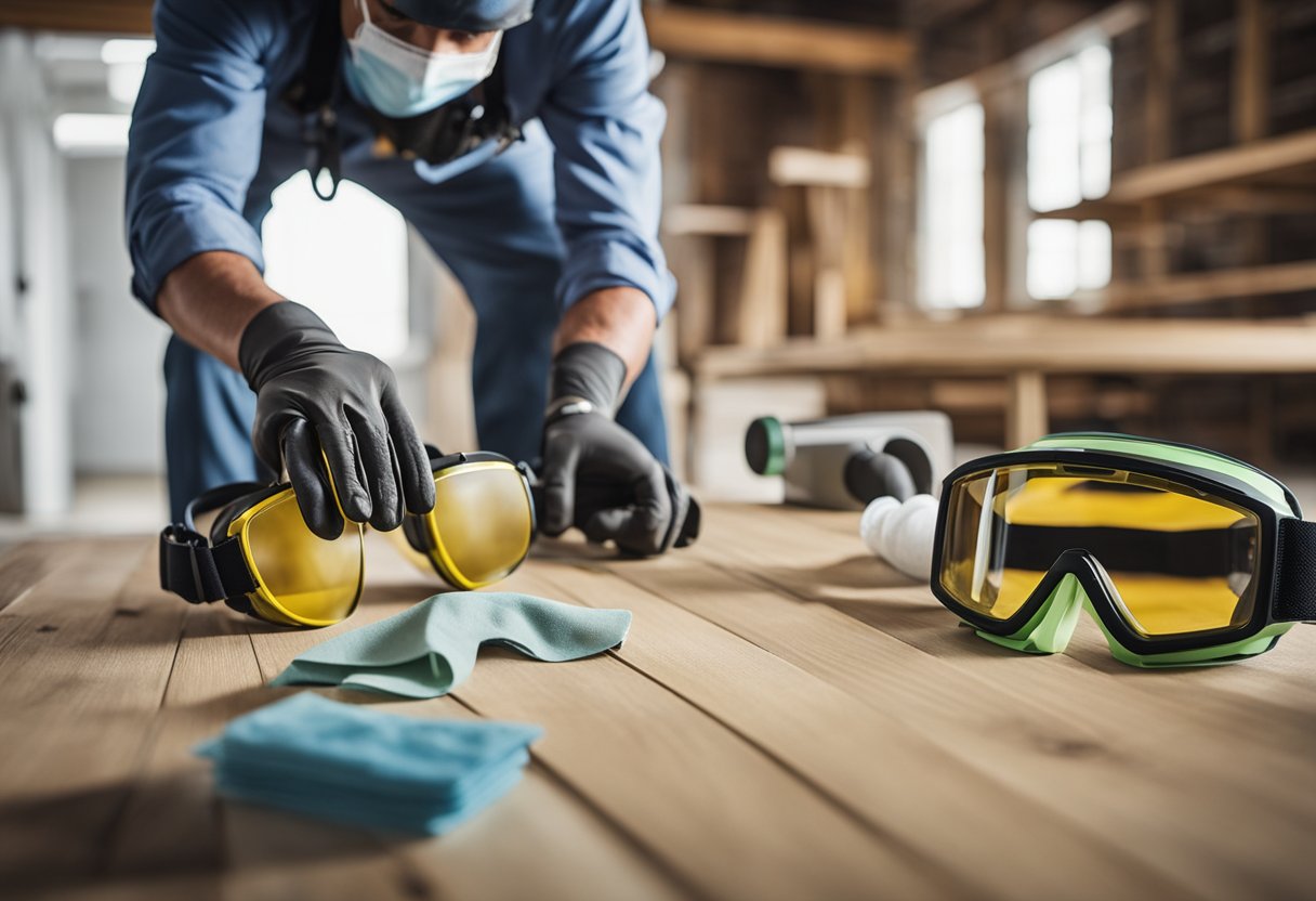An individual gathers safety goggles, ear protection, and a dust mask before cutting laminate flooring