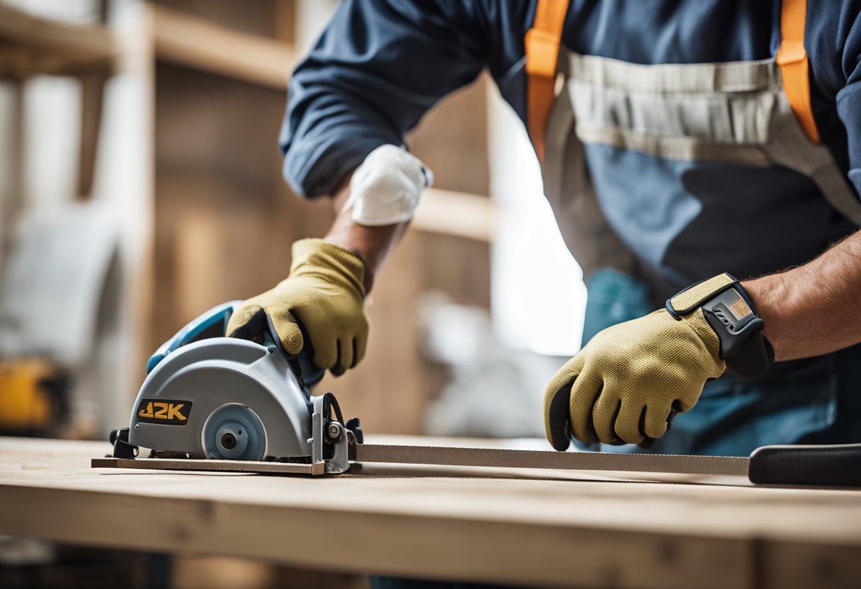 A person wearing safety goggles and gloves uses a saw to cut laminate flooring on a workbench. A dust mask and ear protection are also worn