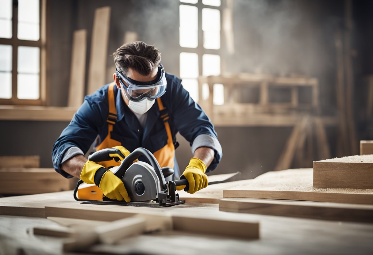 A person wearing safety goggles and gloves cuts laminate flooring with a saw, while a dust mask and ear protection are nearby