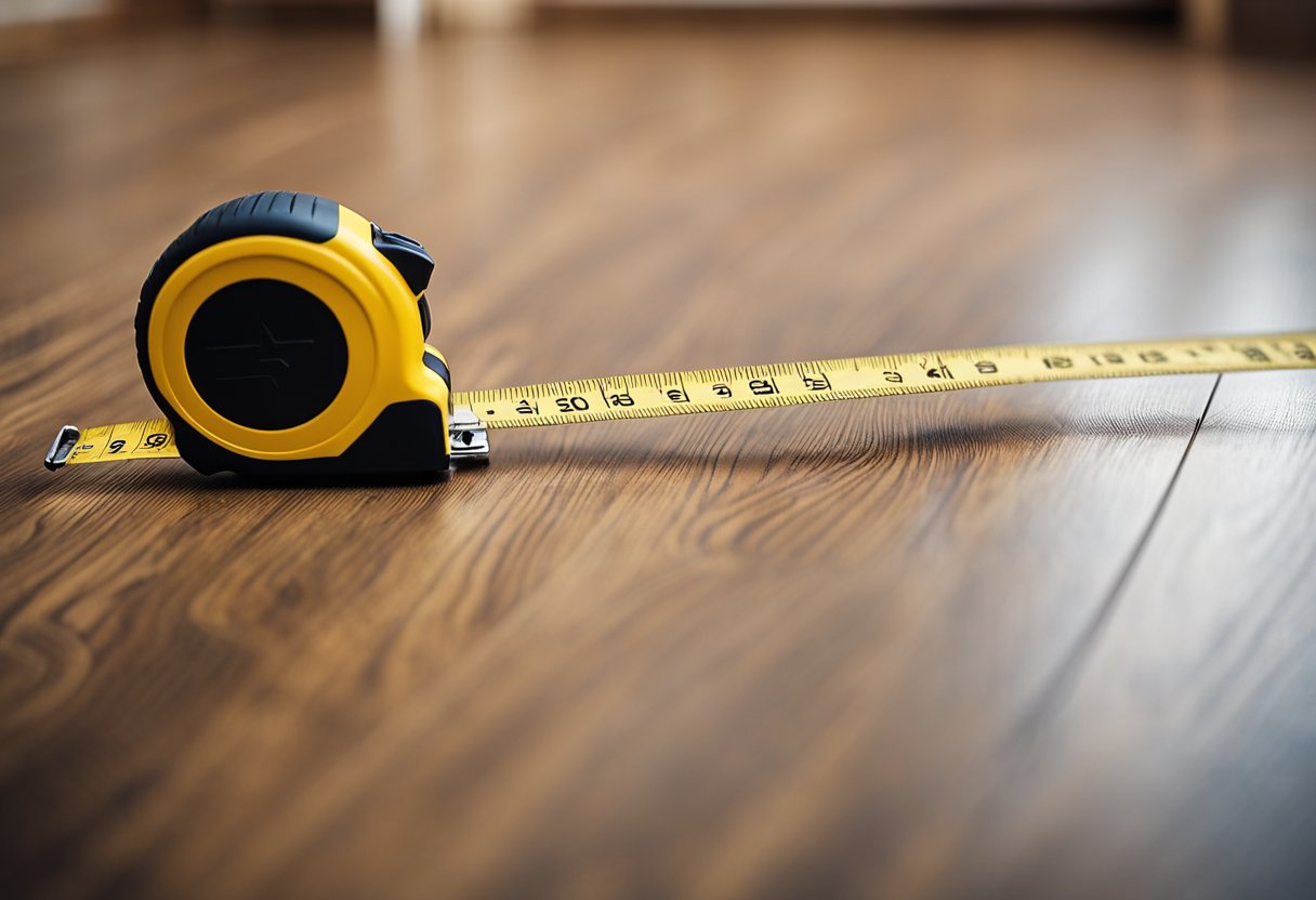 A tape measure extends across a room, marking the dimensions for laminate flooring installation. Furniture is moved aside, and the process is carefully documented