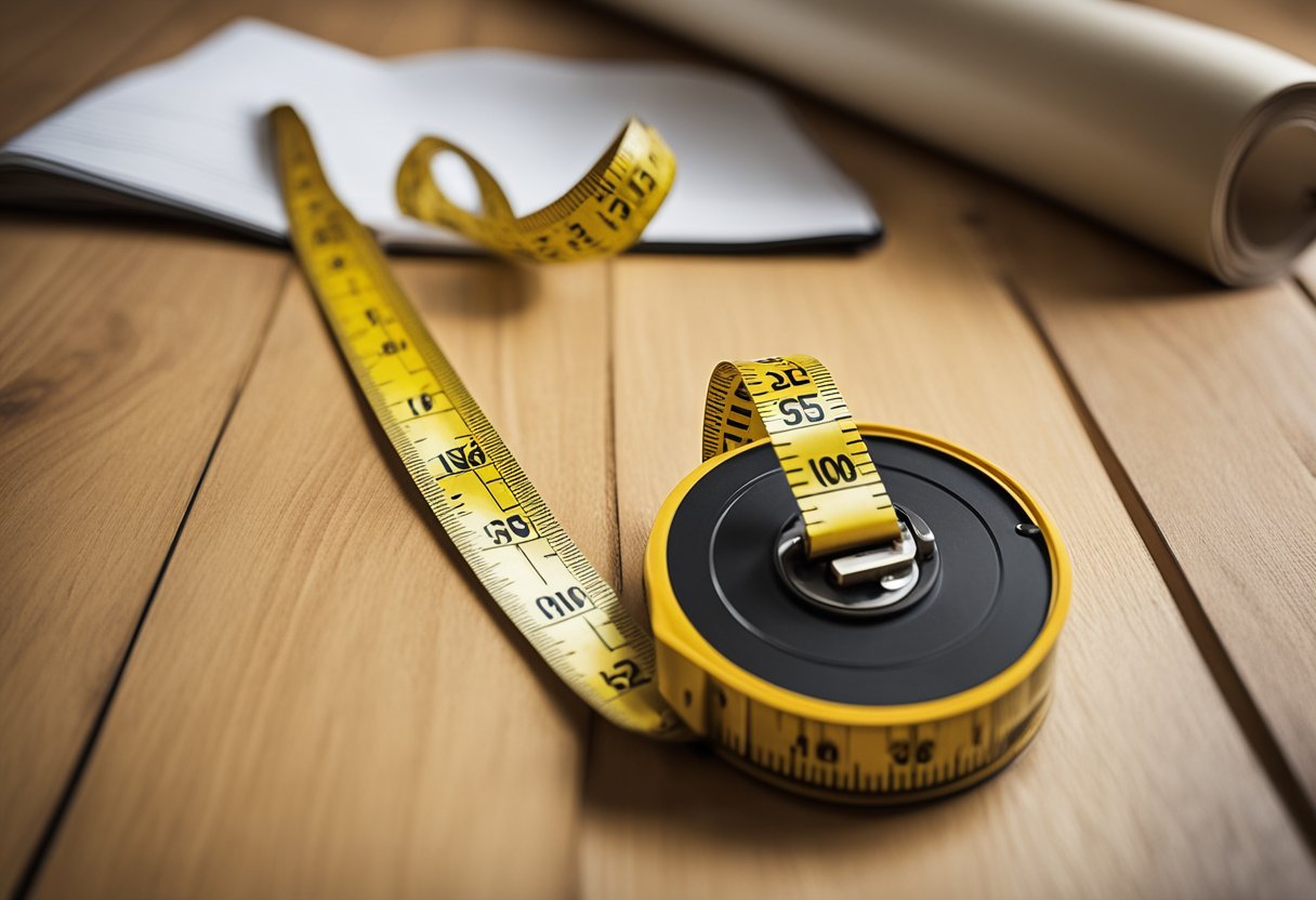 A tape measure extends across a room, marking the dimensions for laminate flooring. A pencil and notepad sit nearby for recording measurements