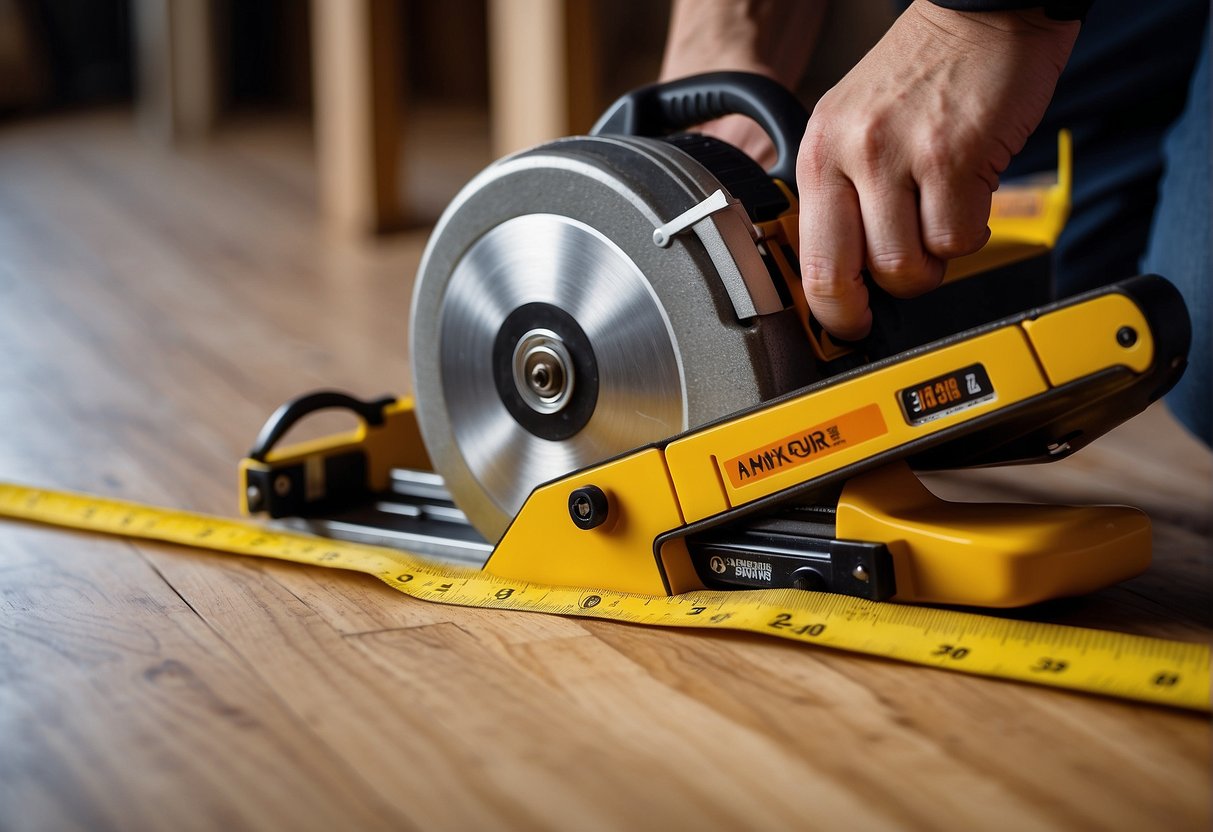 A tape measure and pencil mark laminate flooring. A circular saw and utility knife lay nearby