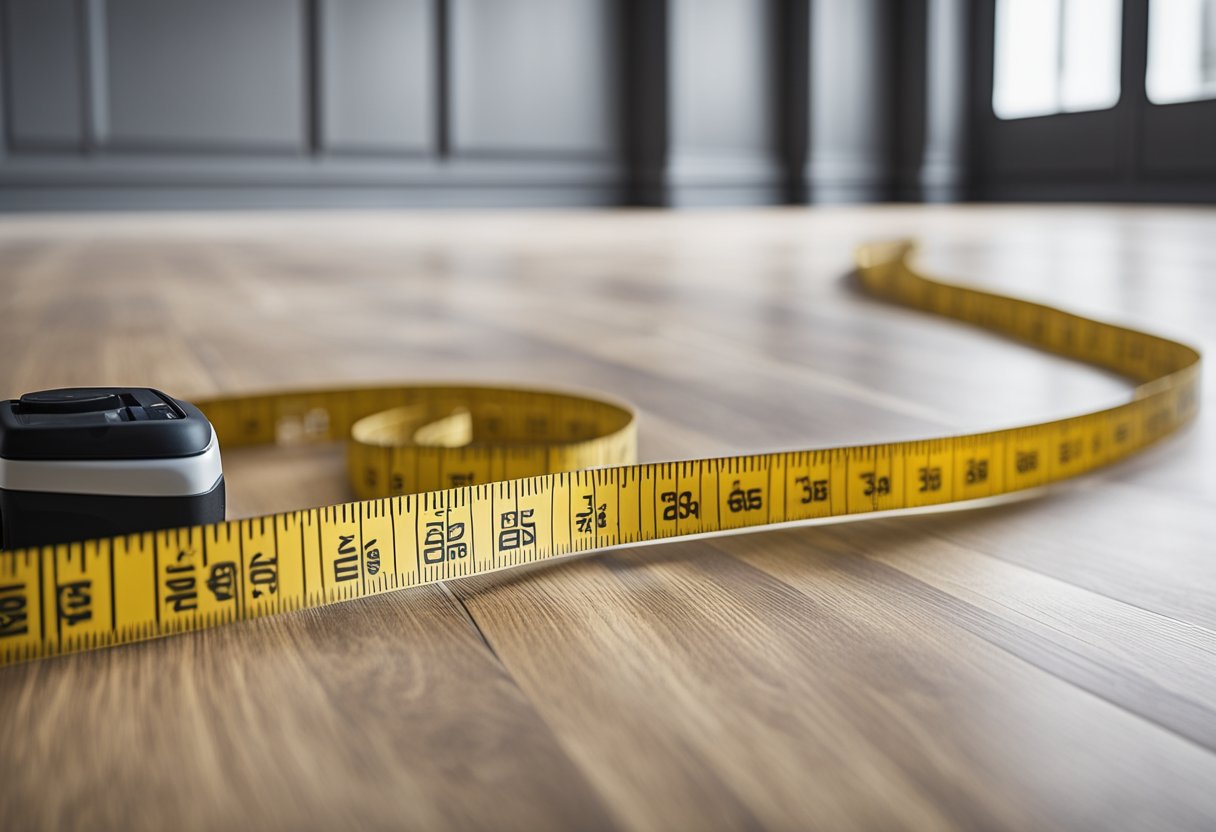 A tape measure lies on the floor next to a room's perimeter, ready to measure for laminate flooring installation