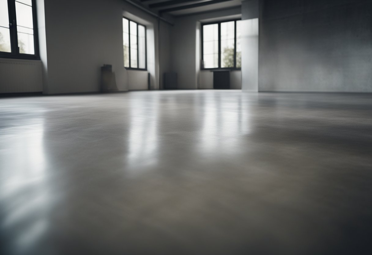 A room with bare concrete floor. A person lays underlayment, clicks together laminate planks, trims the edges, and admires the finished floor