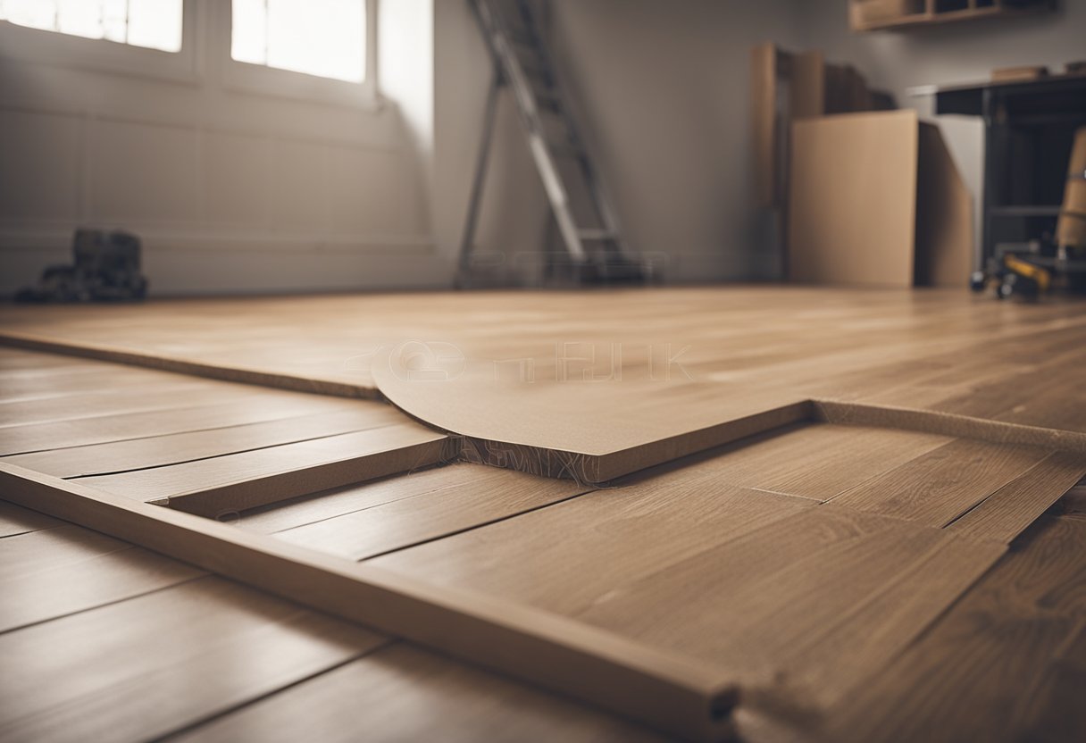 A room with bare floor, tools laid out, planks being clicked together, underlayment being rolled out, and a finished laminate floor