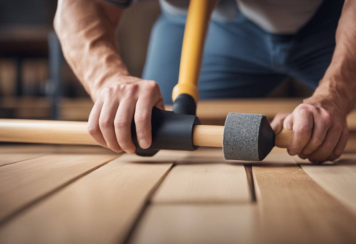 A person uses a rubber mallet to tap the laminate flooring into place, ensuring a snug fit. A tapping block is used to protect the edges of the planks