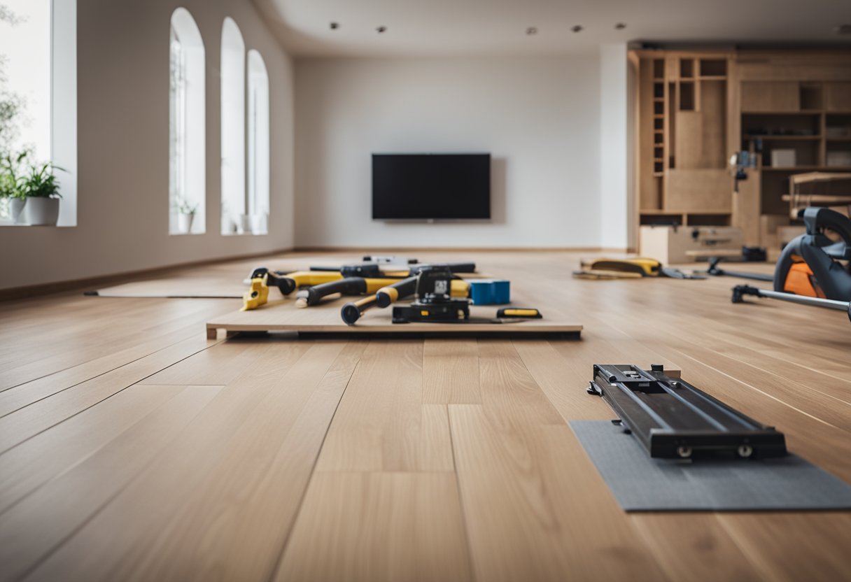 A room with laminate flooring being installed, tools and materials laid out, step-by-step instructions visible, with a clear comparison between DIY and professional installation