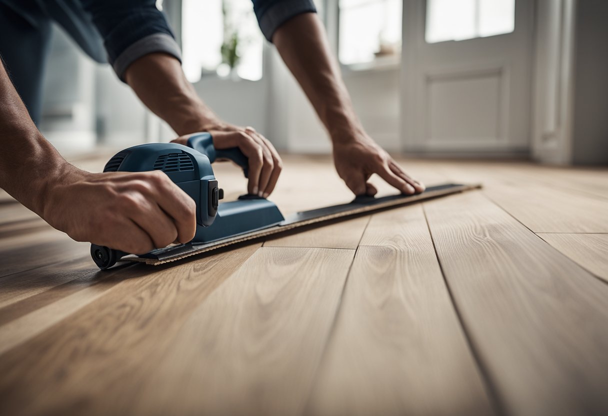 A person lays down laminate flooring, starting in one corner and working their way across the room, using spacers to maintain a consistent gap between the planks