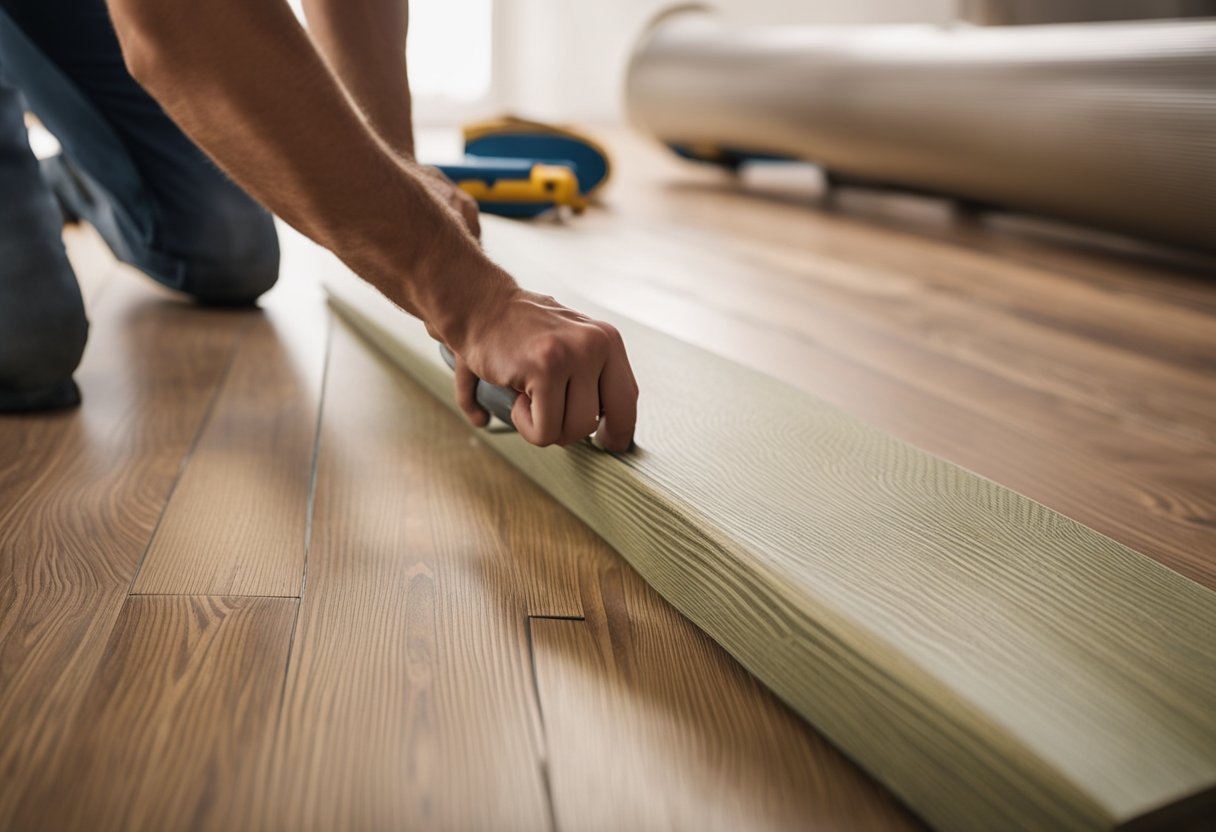 A person lays down laminate flooring, following step-by-step instructions. Tools and materials are neatly organized nearby