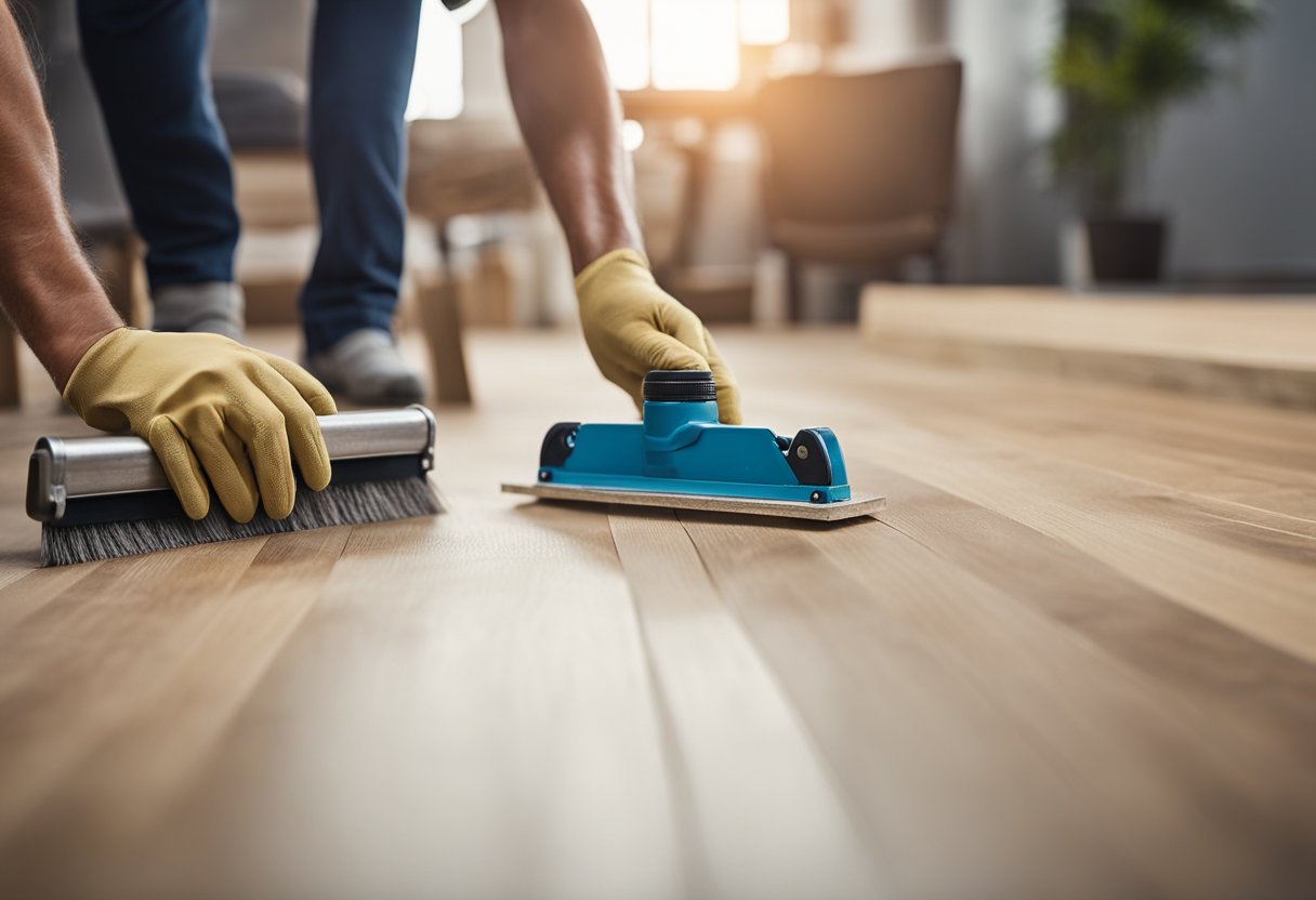 A person laying laminate flooring, tools and materials nearby. Clear step-by-step instructions visible. No human subjects or body parts