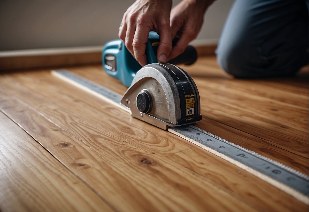 A hand saw cuts through laminate flooring, with a pencil and measuring tape nearby. A rubber mallet and tapping block sit ready for installation