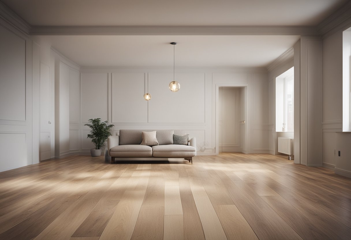 A room with improperly installed laminate flooring, showing gaps, uneven edges, and bulging areas near the walls