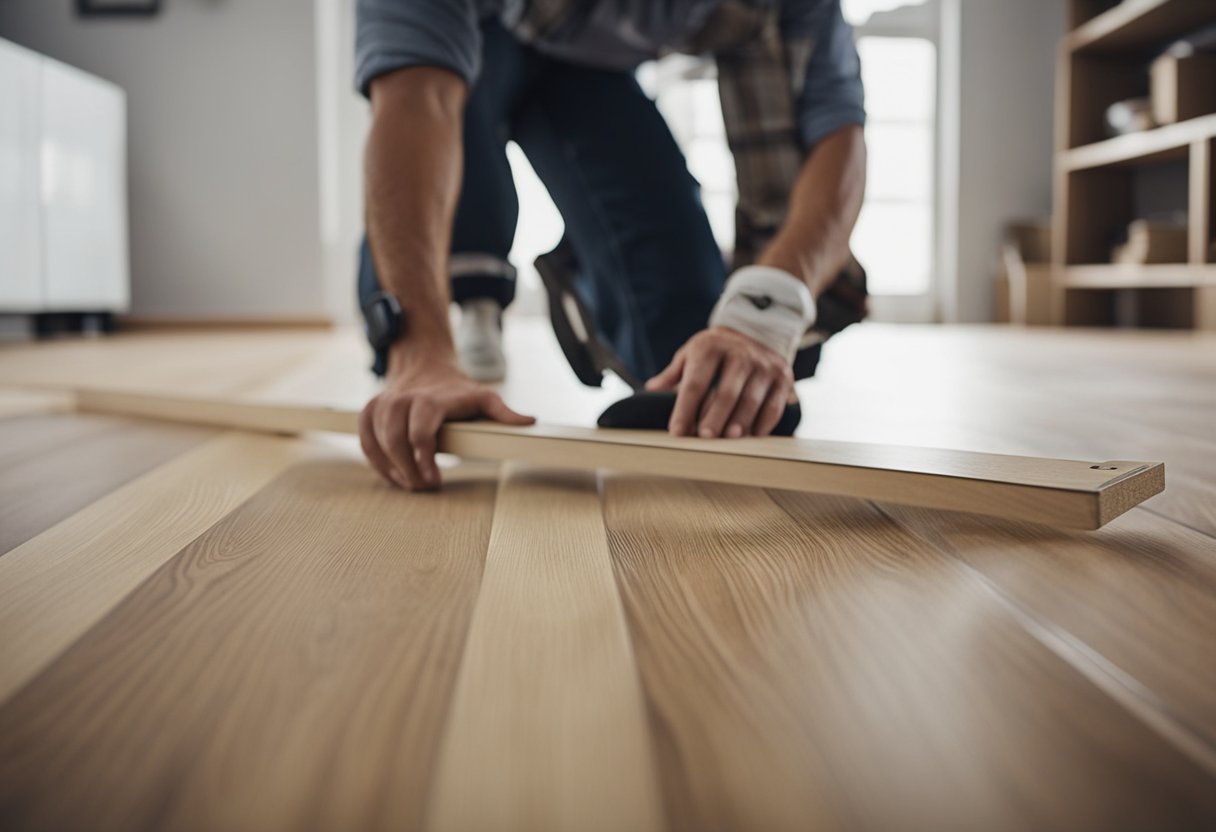 A person navigates around fixtures and obstacles while installing laminate flooring, avoiding common mistakes