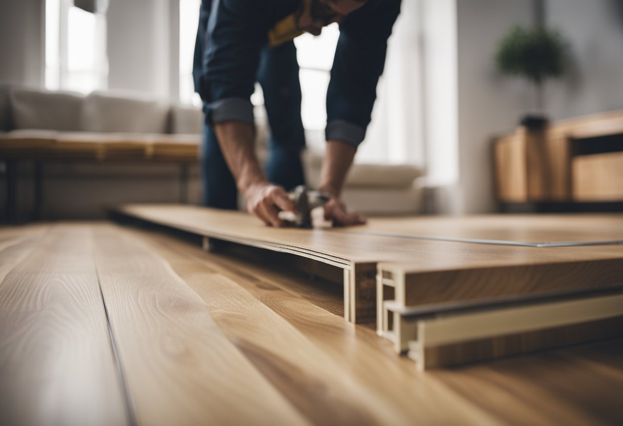 A person measures and cuts laminate flooring, avoiding common installation mistakes