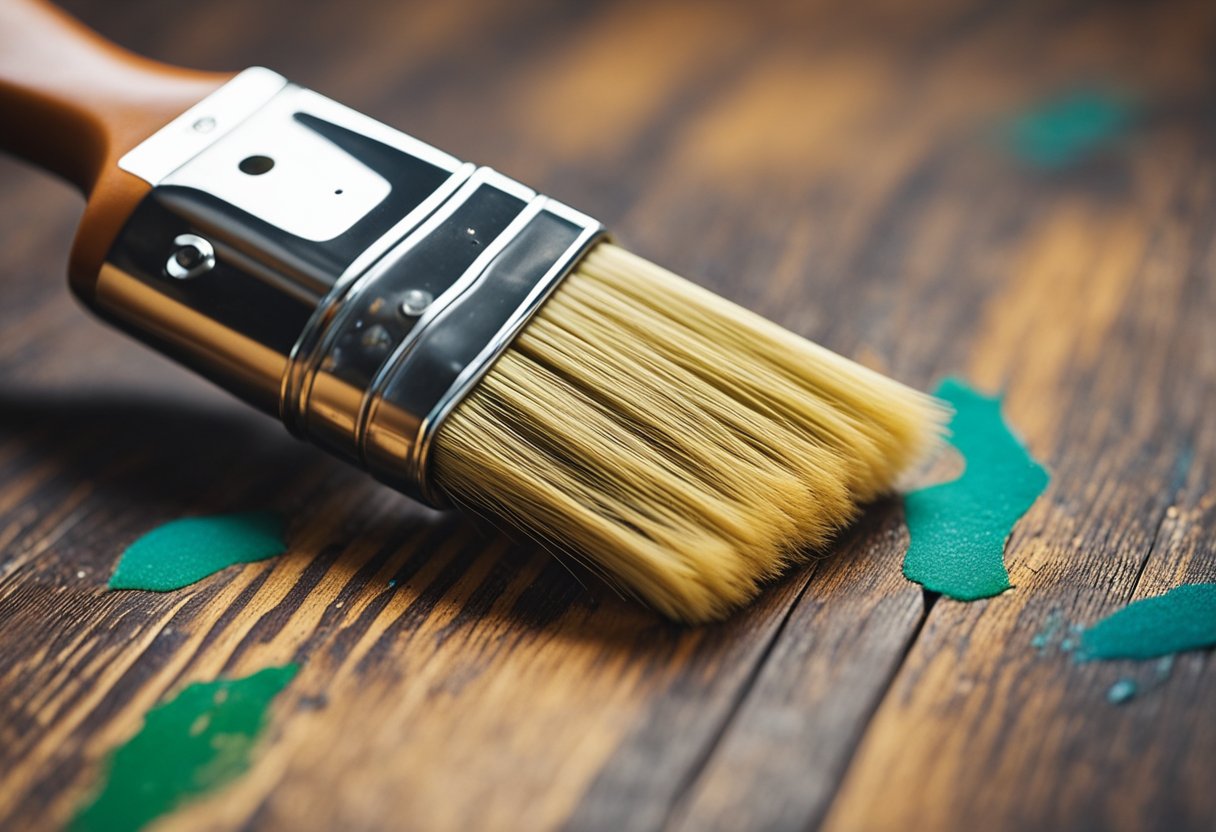 A paintbrush applies color to a laminate floor, transforming its appearance