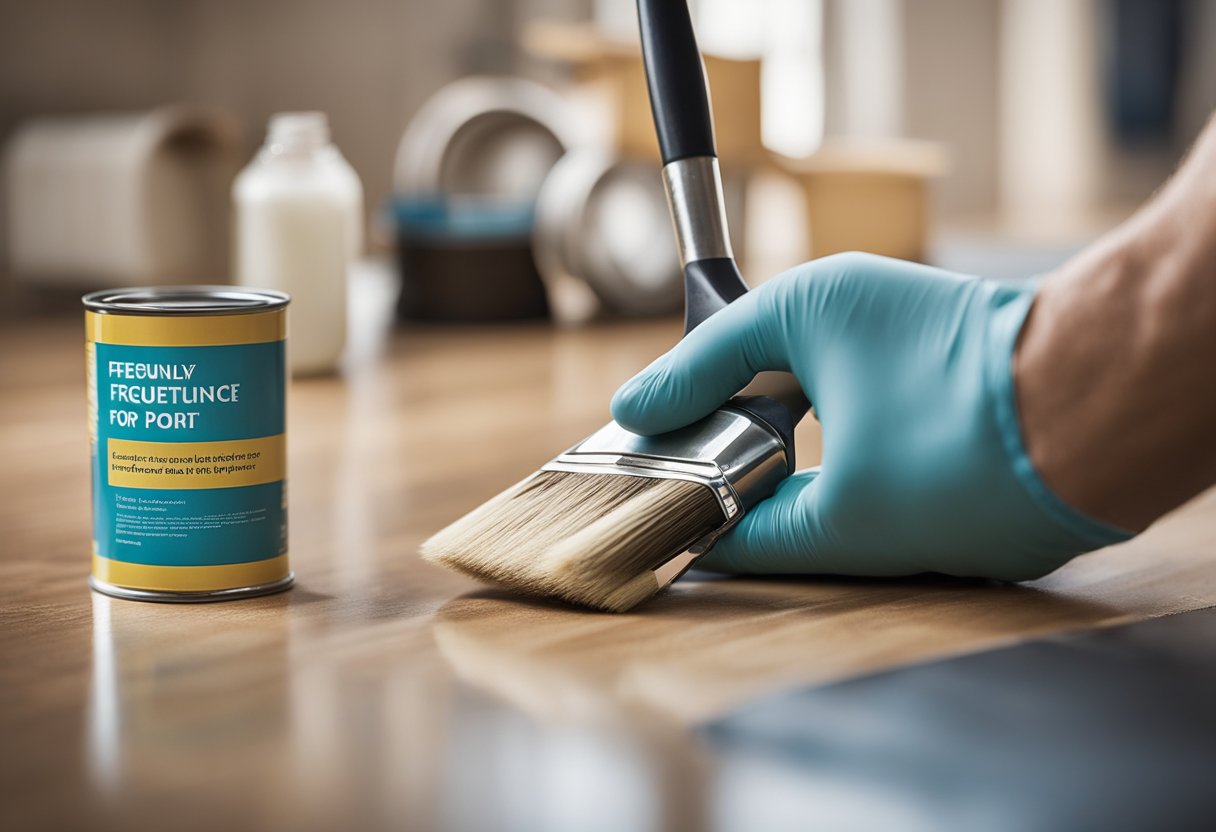 A hand holding a paintbrush, applying paint to a laminate floor. A can of paint and a "Frequently Asked Questions" sign are nearby
