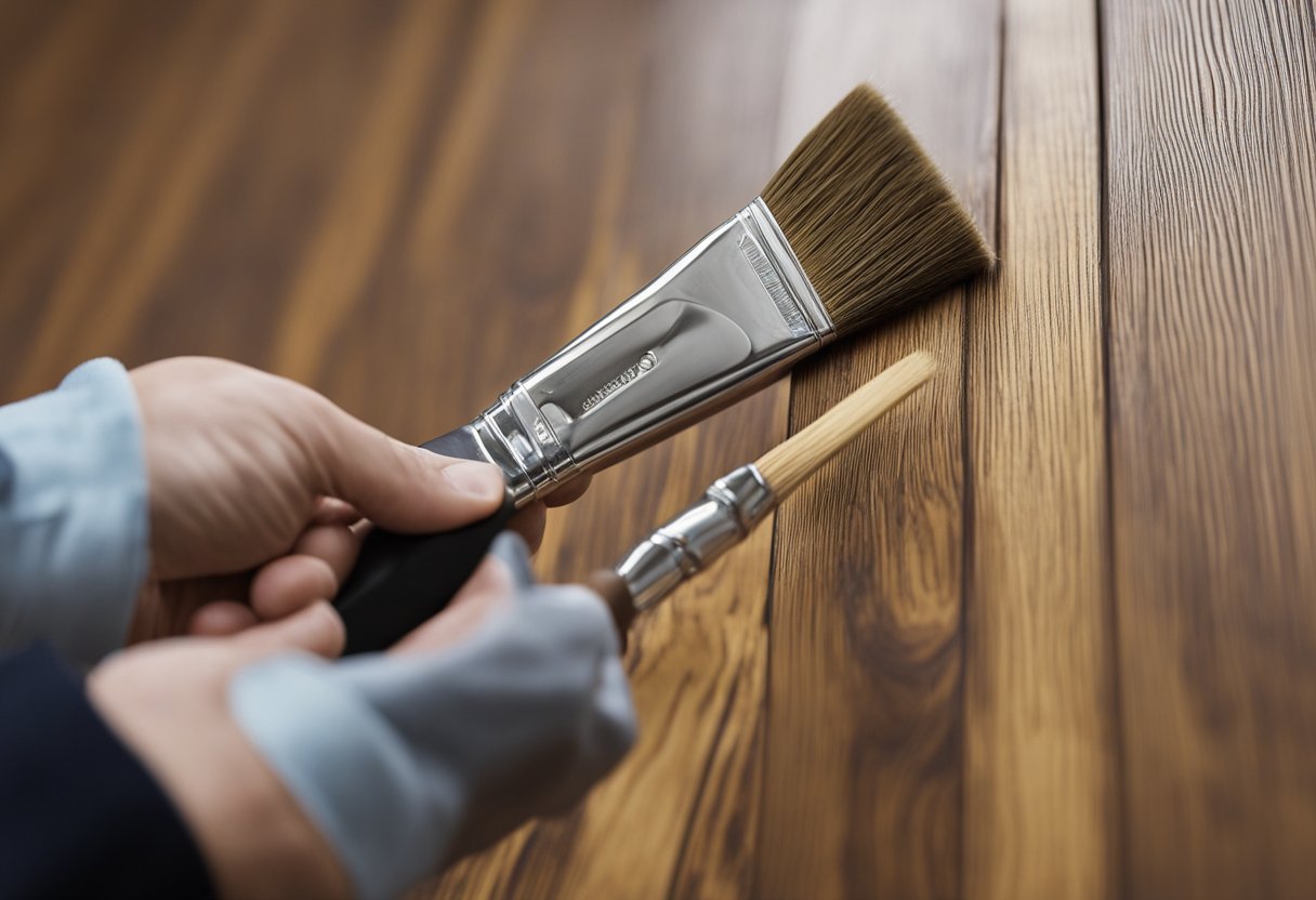 A hand holding a paintbrush applies a coat of paint to a laminate floor, transforming its appearance