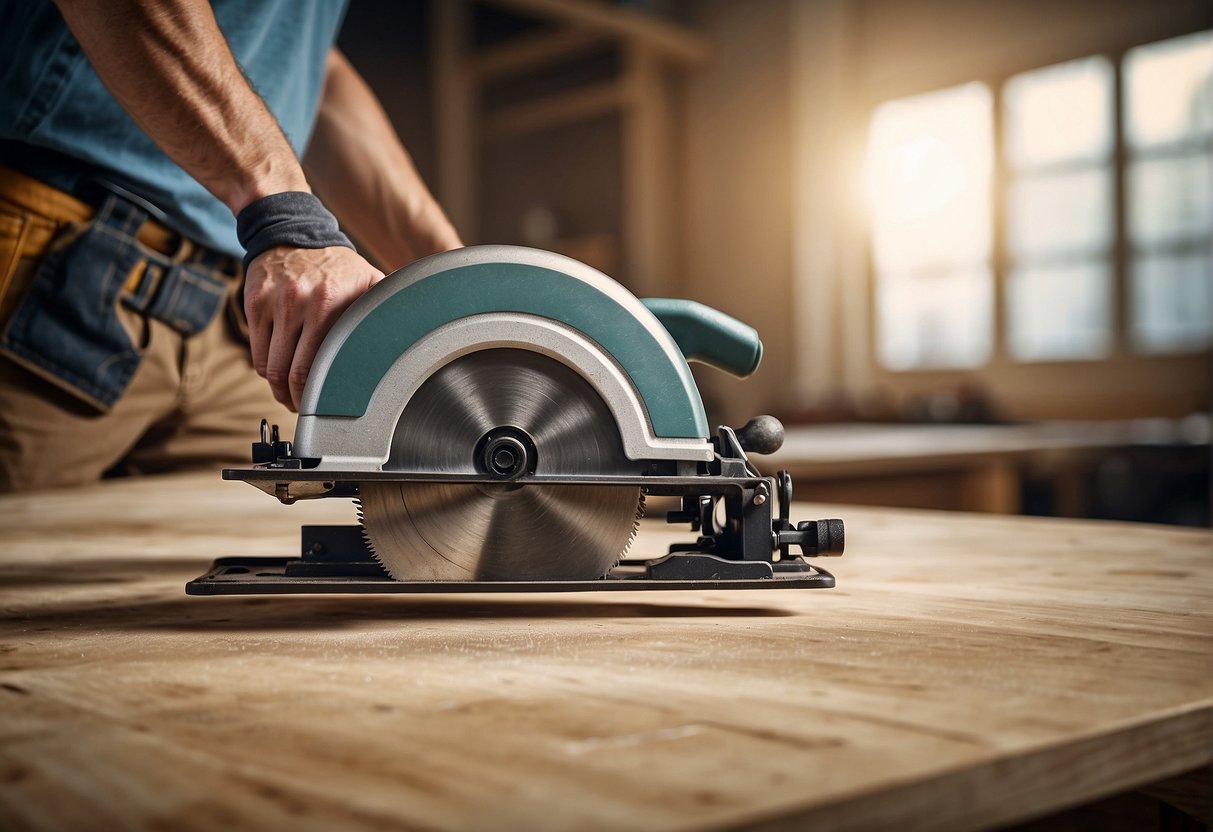 A table saw cuts through laminate flooring with precision. Safety goggles and a dust mask protect the user. A measuring tape and pencil mark the cuts