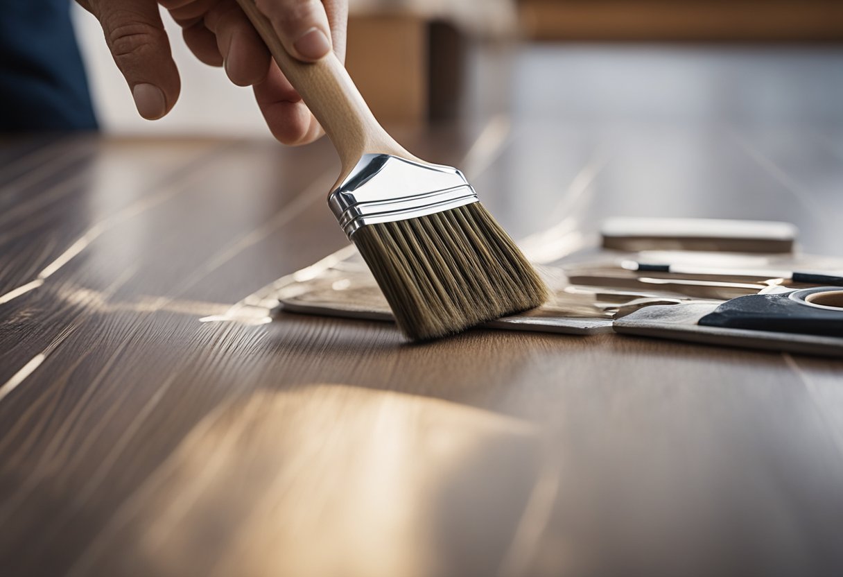 A hand holds a paintbrush, adding the final coat to a freshly-laminated floor