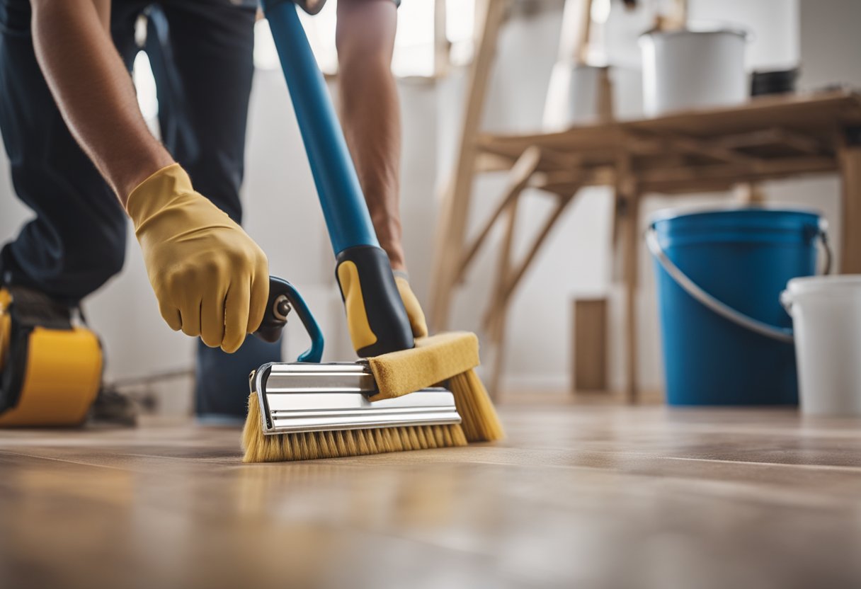 A person is painting laminate flooring with a roller and brush, carefully covering the surface evenly. Buckets of paint and a ladder are nearby