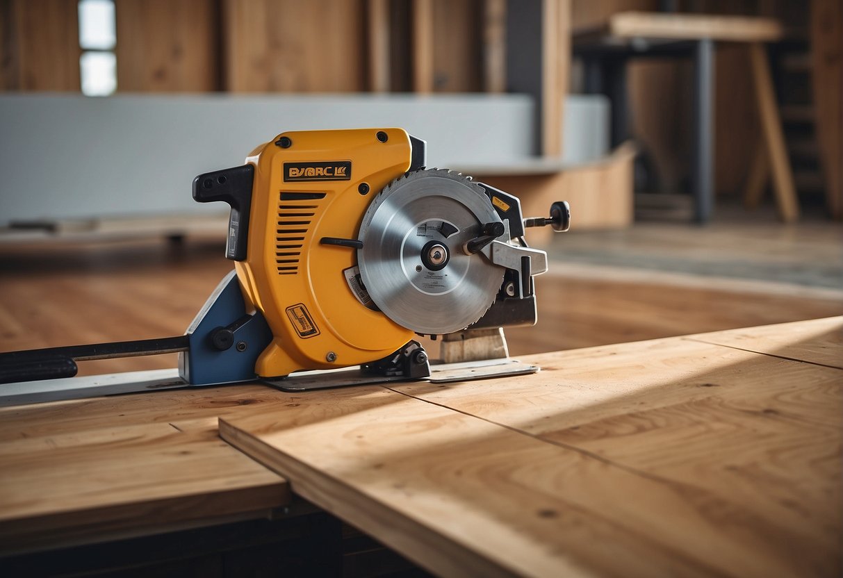 A table saw cutting through laminate flooring with a measuring tape and pencil nearby. A hammer, tapping block, and pull bar sit on the floor