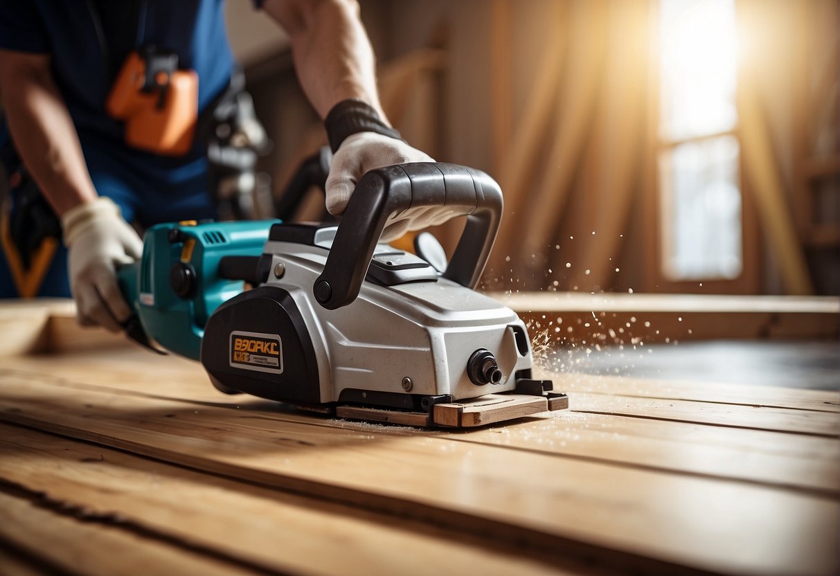 A hand holding a power saw cutting through laminate flooring with a protective mask and safety goggles